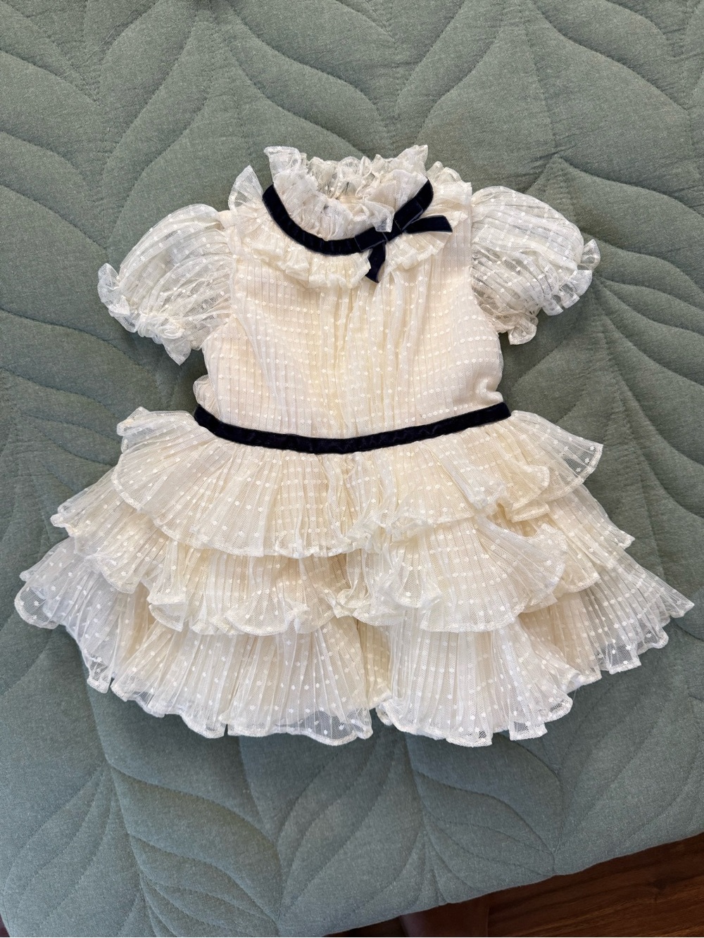 Janie and Jack Ivory Layered Ruffle Dress with Navy Trim (12-18m)